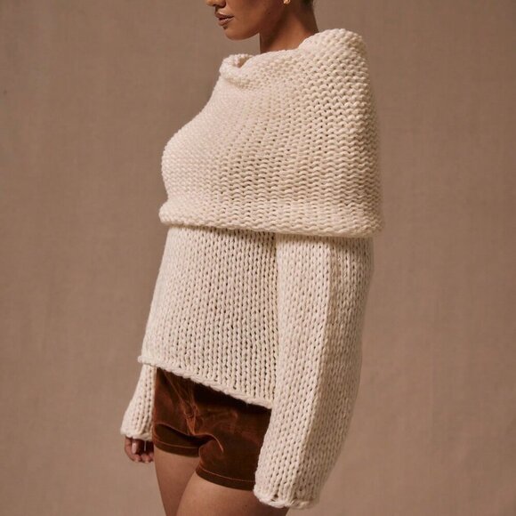 Cream Casual Women's Oversized Foldover Boat Neck Knit Jumper - Picture 2 of 5